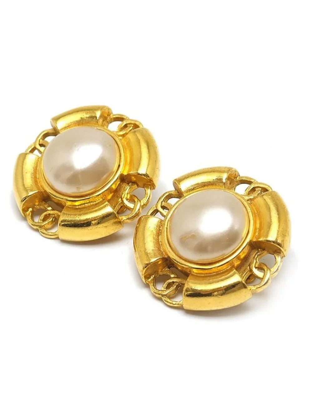 Chanel Faux Pearl Earrings 93P Gold Plated